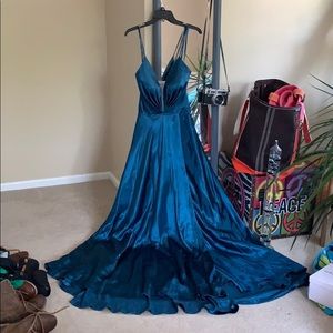 Metallic Teal Formal Gown with Train & Corset Back